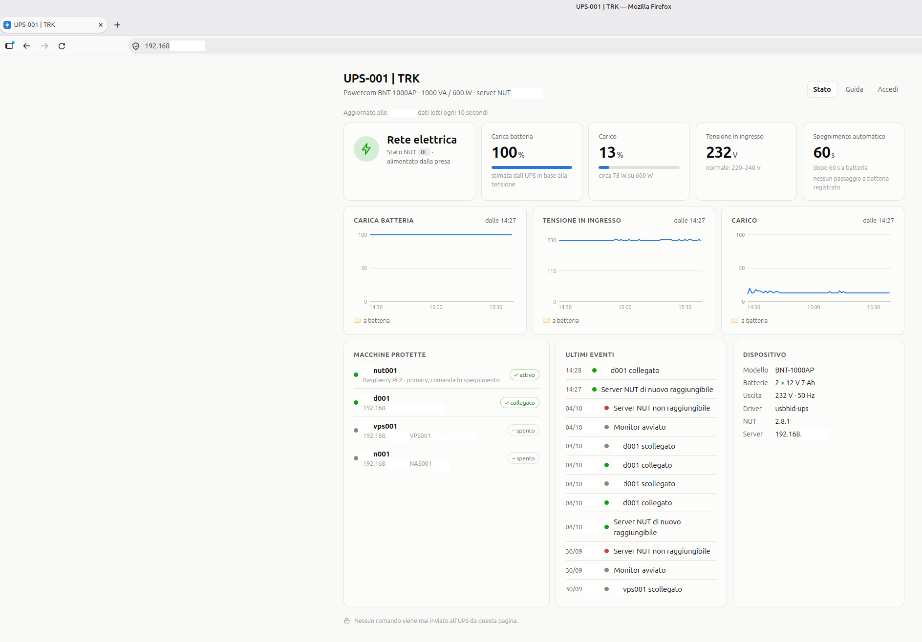 Pagina web di stato di Network UPS Tools sul Raspberry Pi 2